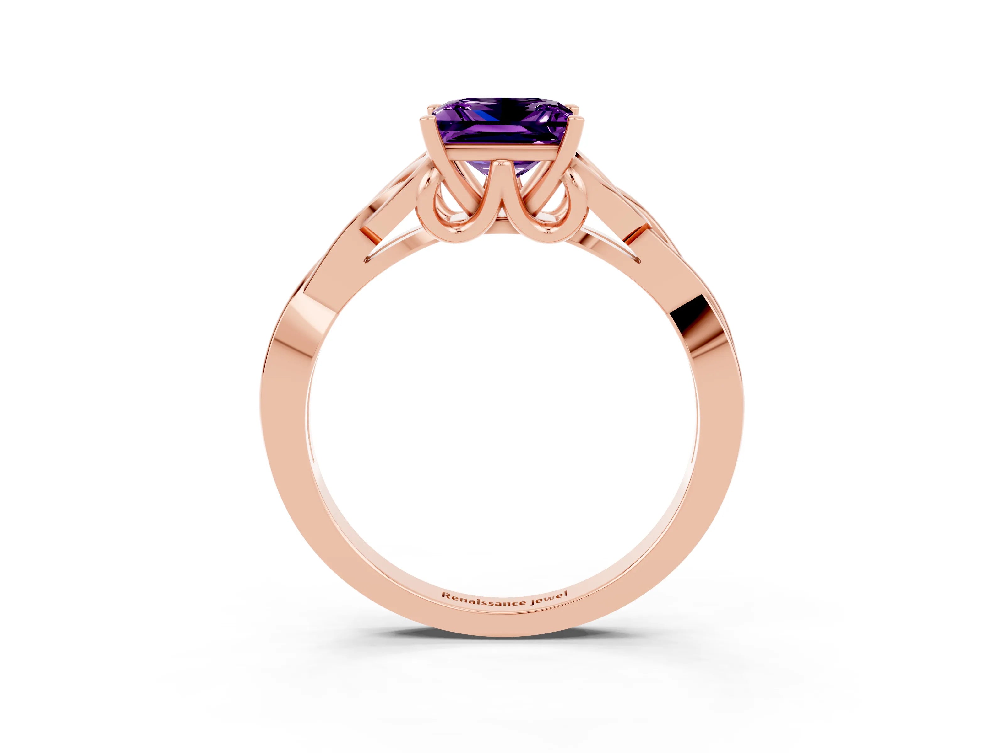 Rose gold Princess Cut Amethyst Solitaire Celtic Knot Ring with Four-Prong Setting_15