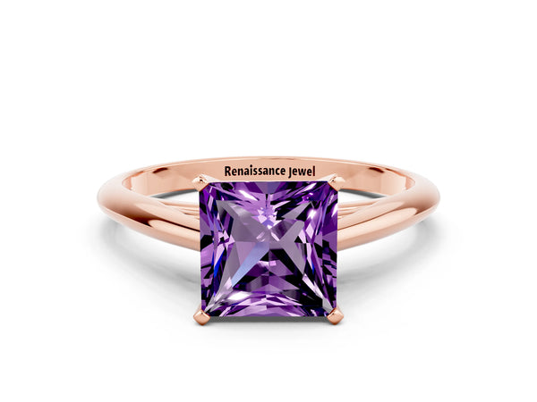 Rose gold Princess Cut Amethyst Solitaire Engagement Ring with Cathedral Setting and Four-Prong Mount