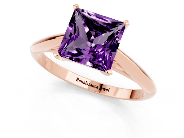 Rose gold Princess Cut Amethyst Solitaire Engagement Ring with Cathedral Setting and Four-Prong Mount