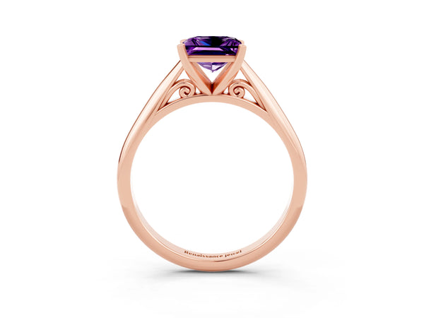 Rose gold Princess Cut Amethyst Solitaire Engagement Ring with Cathedral Setting and Four-Prong Mount