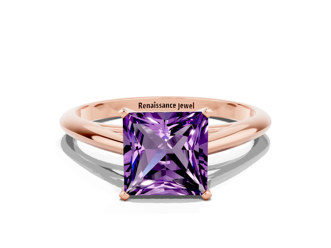 Rose gold Princess Cut Amethyst Solitaire Engagement Ring with Cathedral Setting and Four-Prong Mount_72