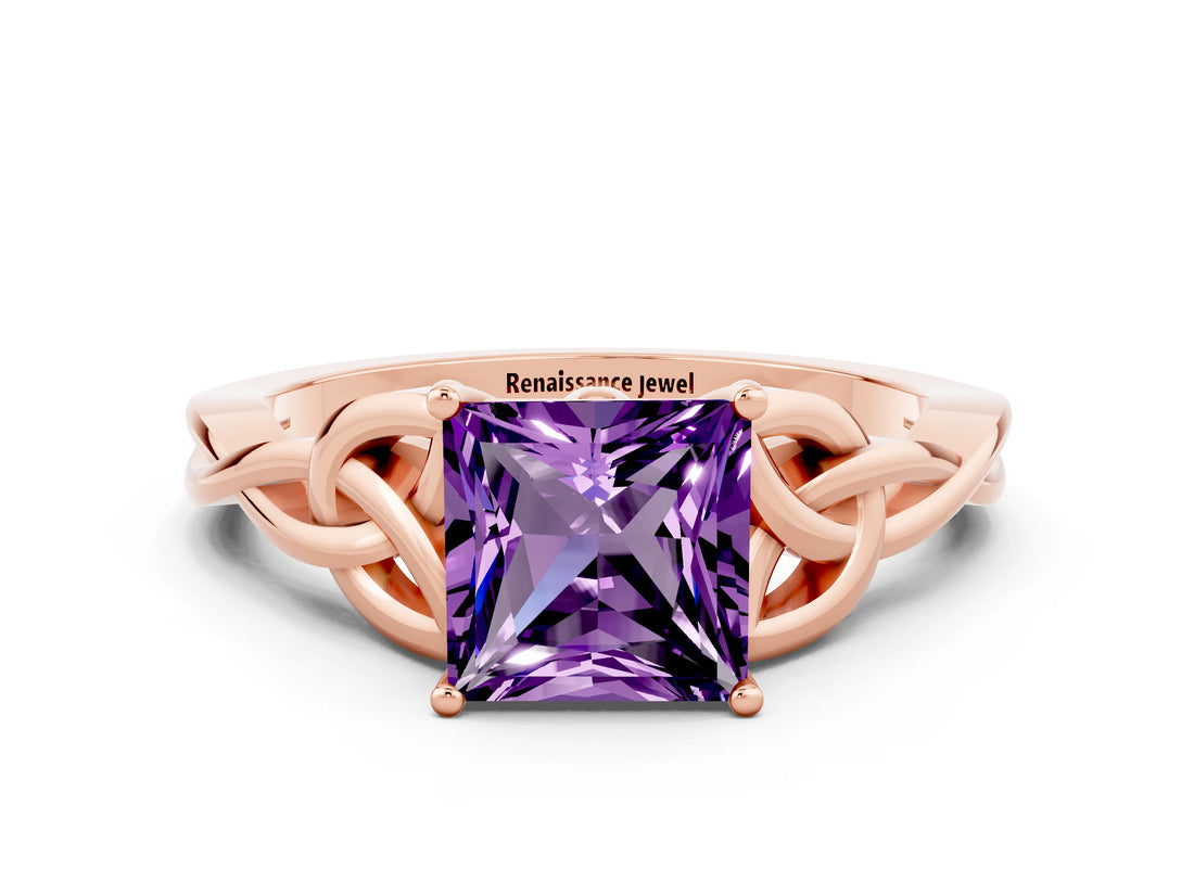 Rose gold Princess Cut Amethyst Solitaire Engagement Ring with Celtic Knot Band and Four-Prong Setting