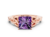 Rose gold Princess Cut Amethyst Solitaire Engagement Ring with Celtic Knot Band and Four-Prong Setting