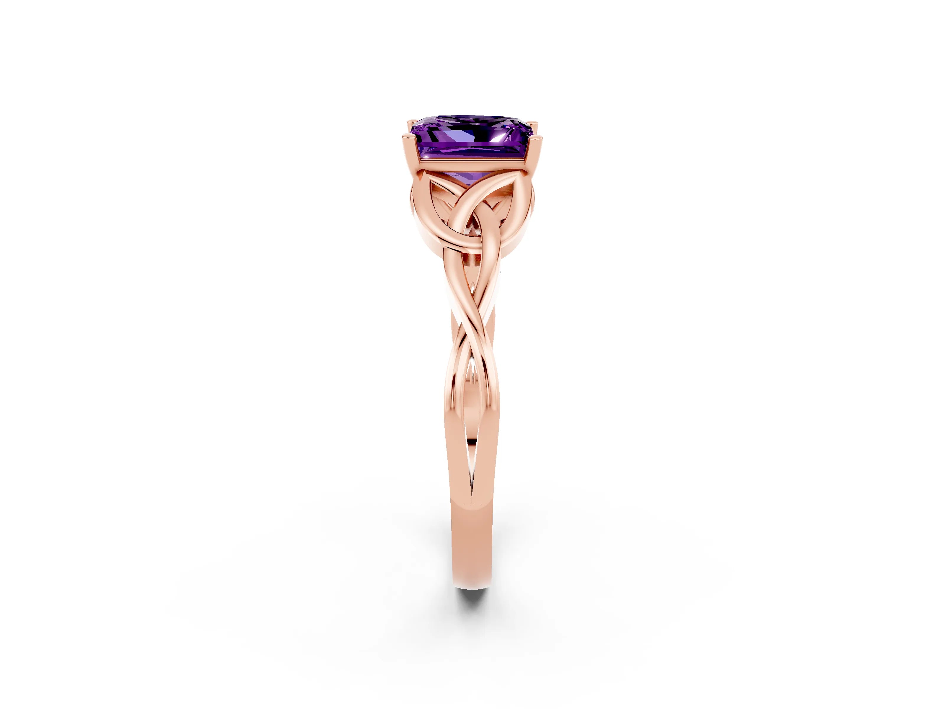 Rose gold Princess Cut Amethyst Solitaire Engagement Ring with Celtic Knot Band and Four-Prong Setting_2