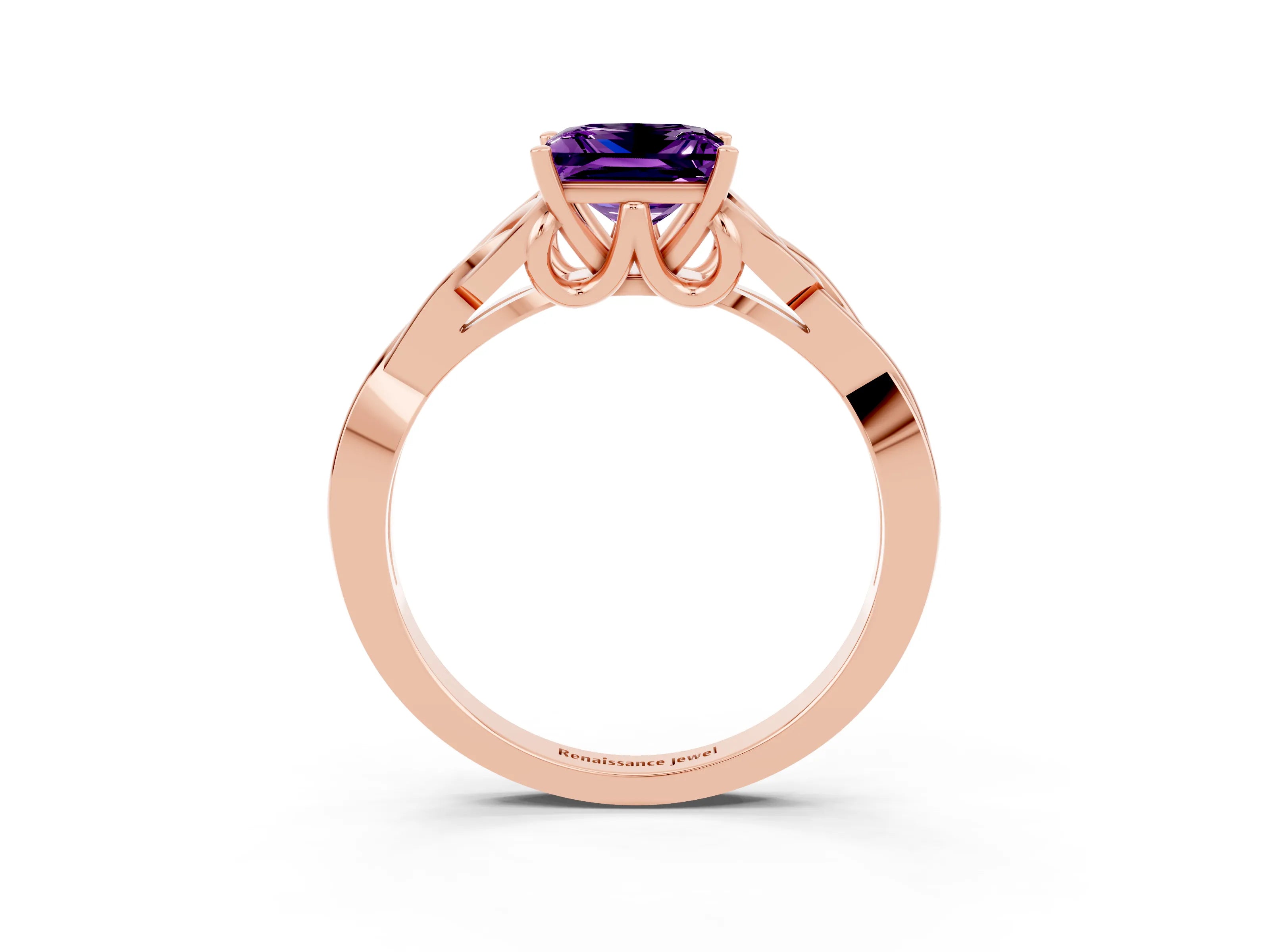 Rose gold Princess Cut Amethyst Solitaire Engagement Ring with Celtic Knot Band and Four-Prong Setting_3