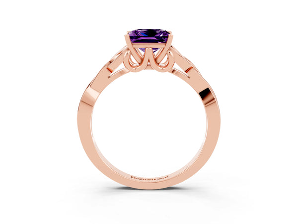 Rose gold Princess Cut Amethyst Solitaire Engagement Ring with Celtic Knot Band and Four-Prong Setting
