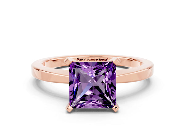 Rose gold Princess Cut Amethyst Solitaire Engagement Ring with Classic Band and Four-Prong Setting