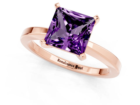 Rose gold Princess Cut Amethyst Solitaire Engagement Ring with Classic Band and Four-Prong Setting_25