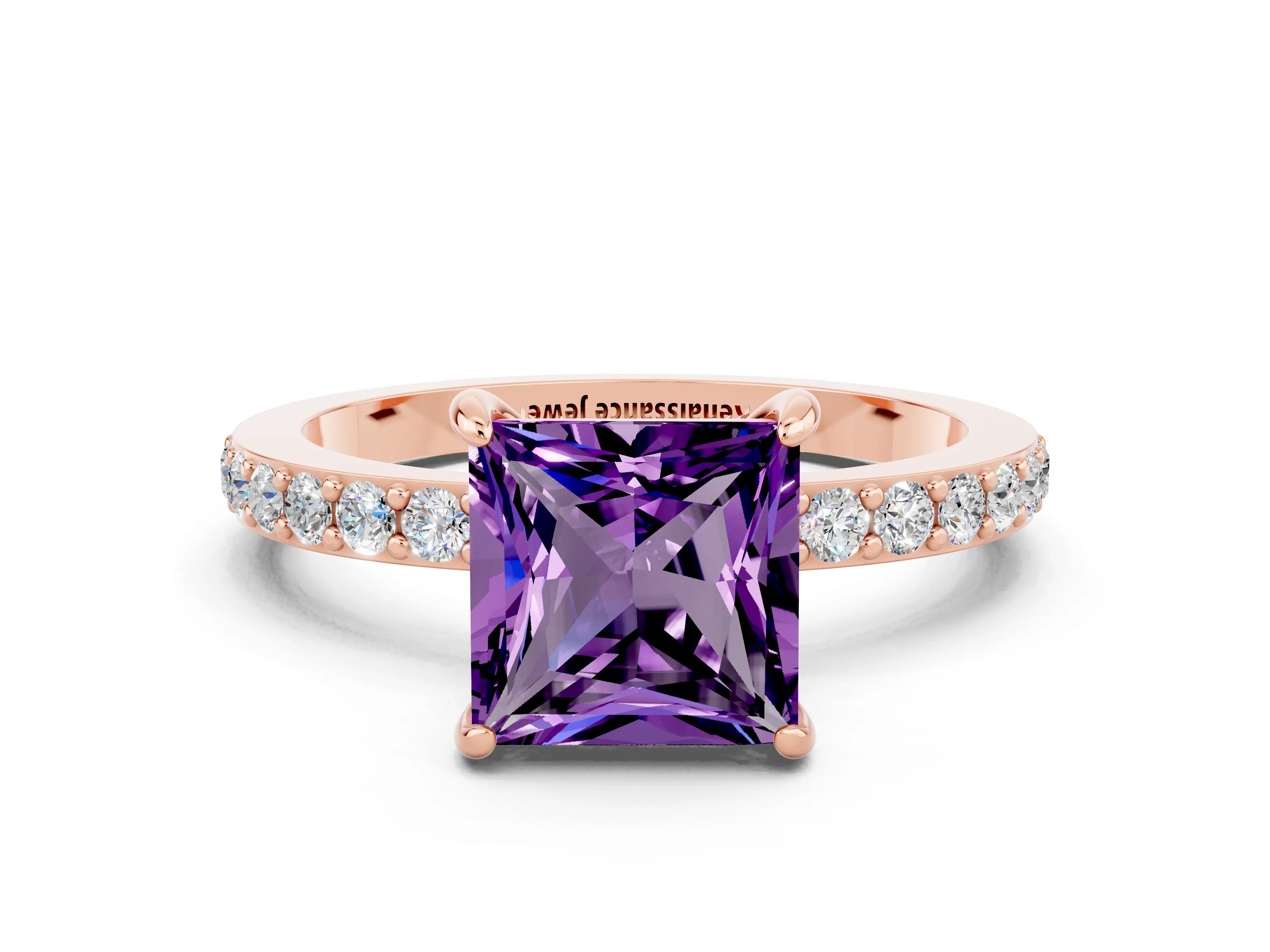 Rose gold Princess Cut Amethyst Solitaire Engagement Ring with Pavé Band and Four-Prong Setting