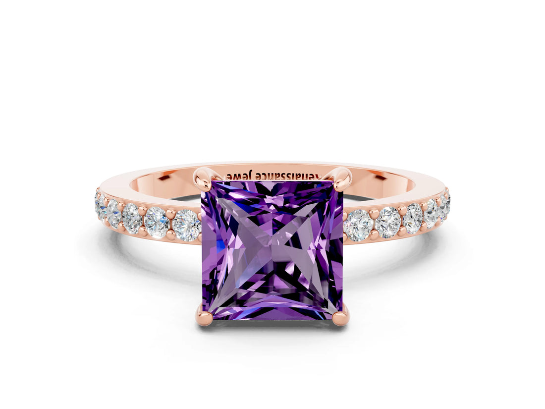 Rose gold Princess Cut Amethyst Solitaire Engagement Ring with Pavé Band and Four-Prong Setting