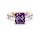 Rose gold Princess Cut Amethyst Solitaire Engagement Ring with Pavé Band and Four-Prong Setting