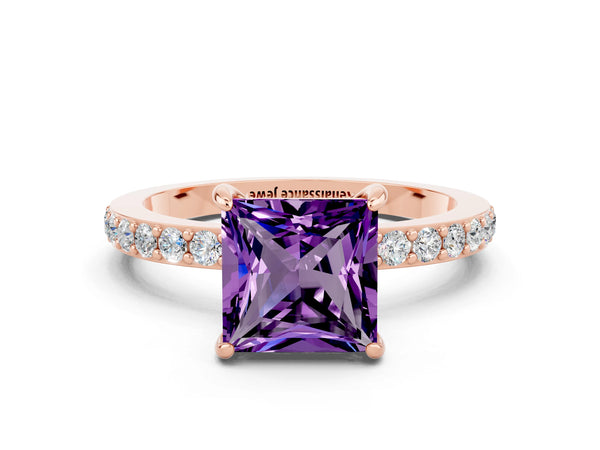 Rose gold Princess Cut Amethyst Solitaire Engagement Ring with Pavé Band and Four-Prong Setting