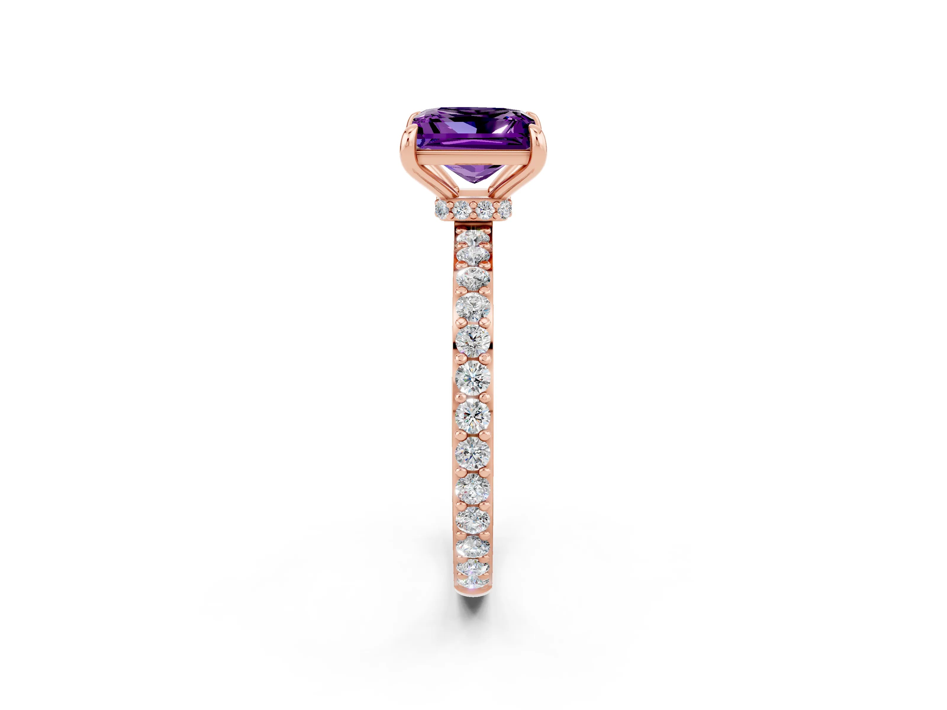 Rose gold Princess Cut Amethyst Solitaire Engagement Ring with Pavé Band and Four-Prong Setting_2