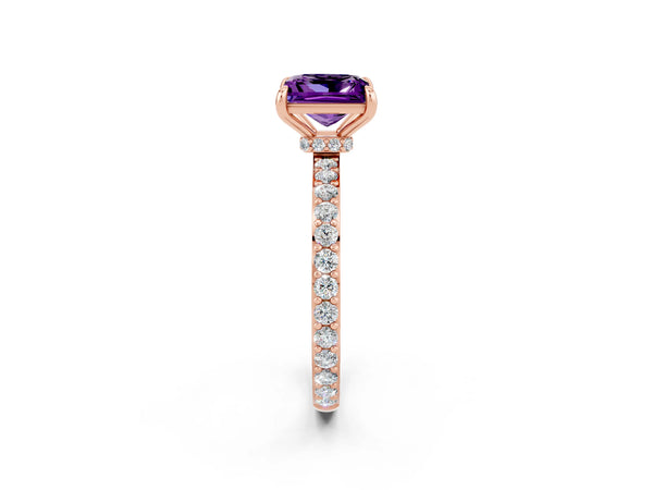 Rose gold Princess Cut Amethyst Solitaire Engagement Ring with Pavé Band and Four-Prong Setting