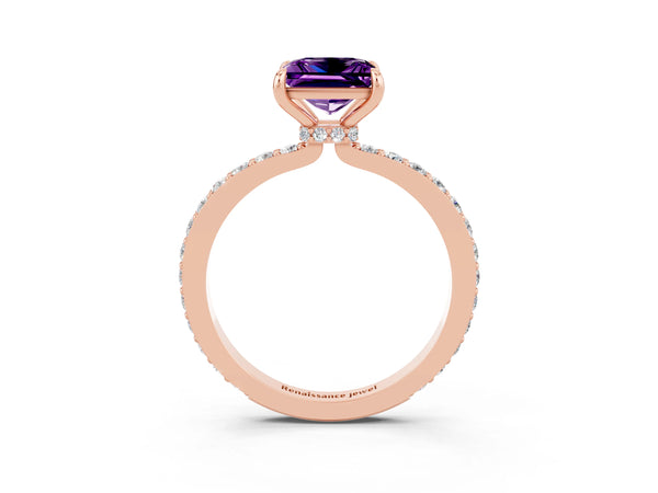 Rose gold Princess Cut Amethyst Solitaire Engagement Ring with Pavé Band and Four-Prong Setting