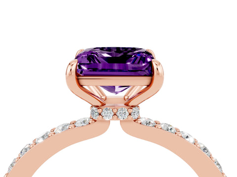 Rose gold Princess Cut Amethyst Solitaire Engagement Ring with Pavé Band and Four-Prong Setting_4