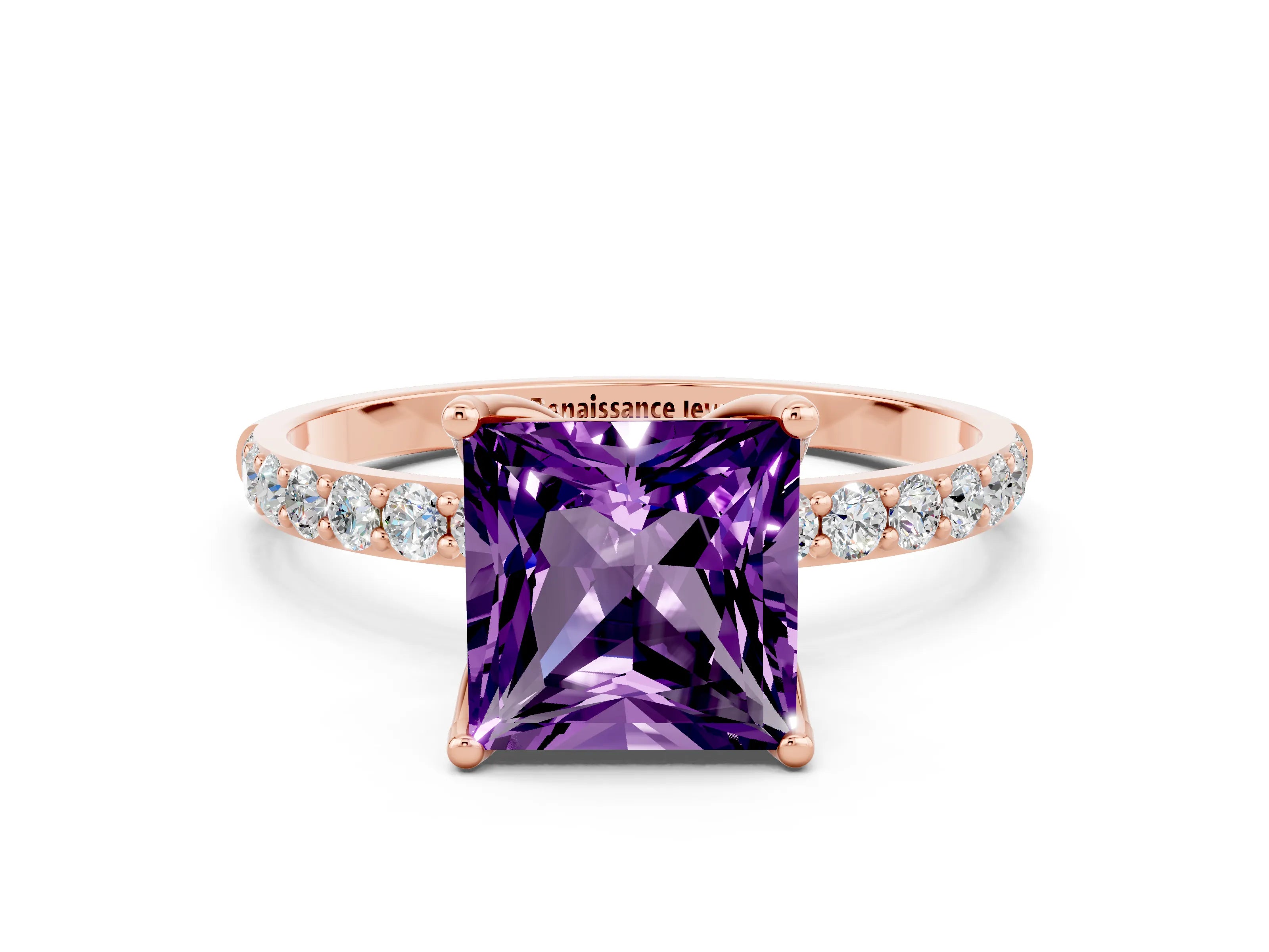 Rose gold Princess Cut Amethyst Solitaire Engagement Ring with Pavé Band and Prong Setting