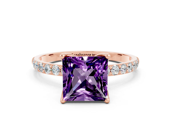 Rose gold Princess Cut Amethyst Solitaire Engagement Ring with Round  Pavé Band and Prong Setting