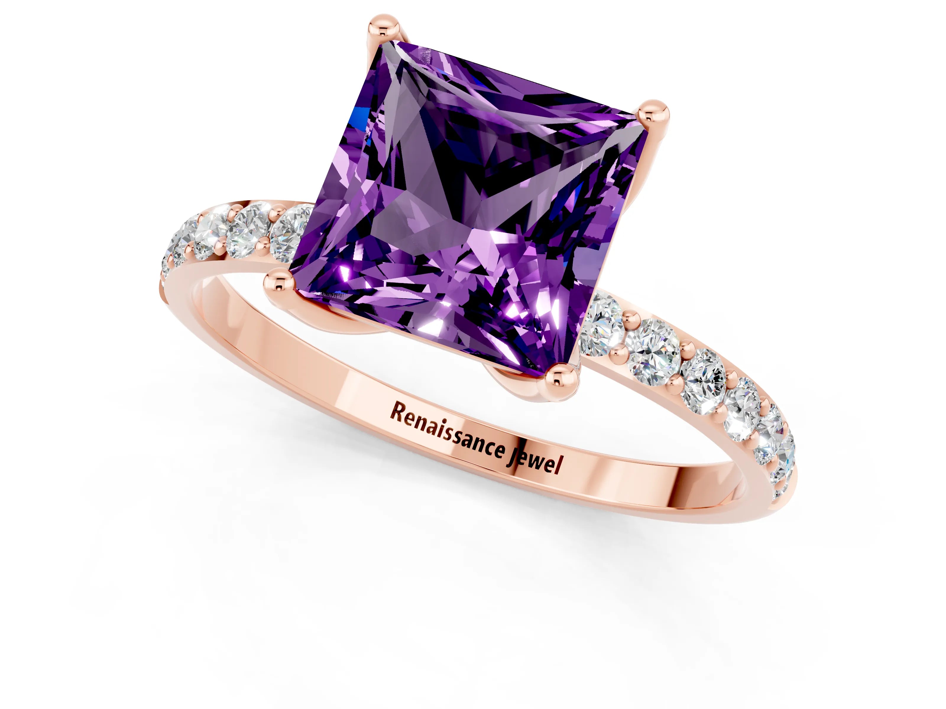 Rose gold Princess Cut Amethyst Solitaire Engagement Ring with Pavé Band and Prong Setting_1