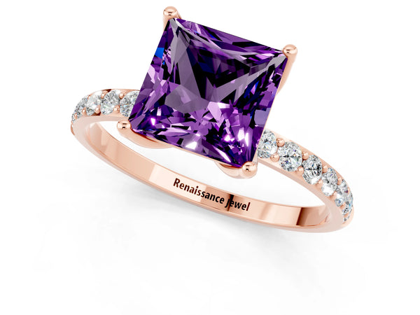 Rose gold Princess Cut Amethyst Solitaire Engagement Ring with Round  Pavé Band and Prong Setting
