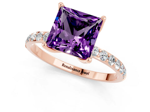 Rose gold Princess Cut Amethyst Solitaire Engagement Ring with Pavé Band and Prong Setting_1