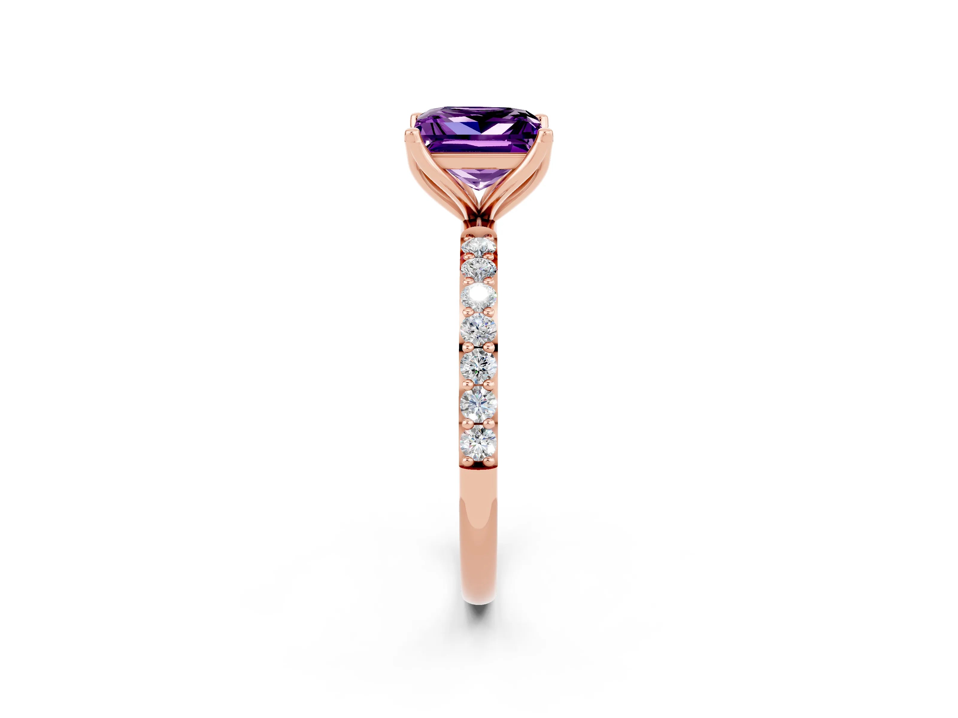 Rose gold Princess Cut Amethyst Solitaire Engagement Ring with Pavé Band and Prong Setting_2