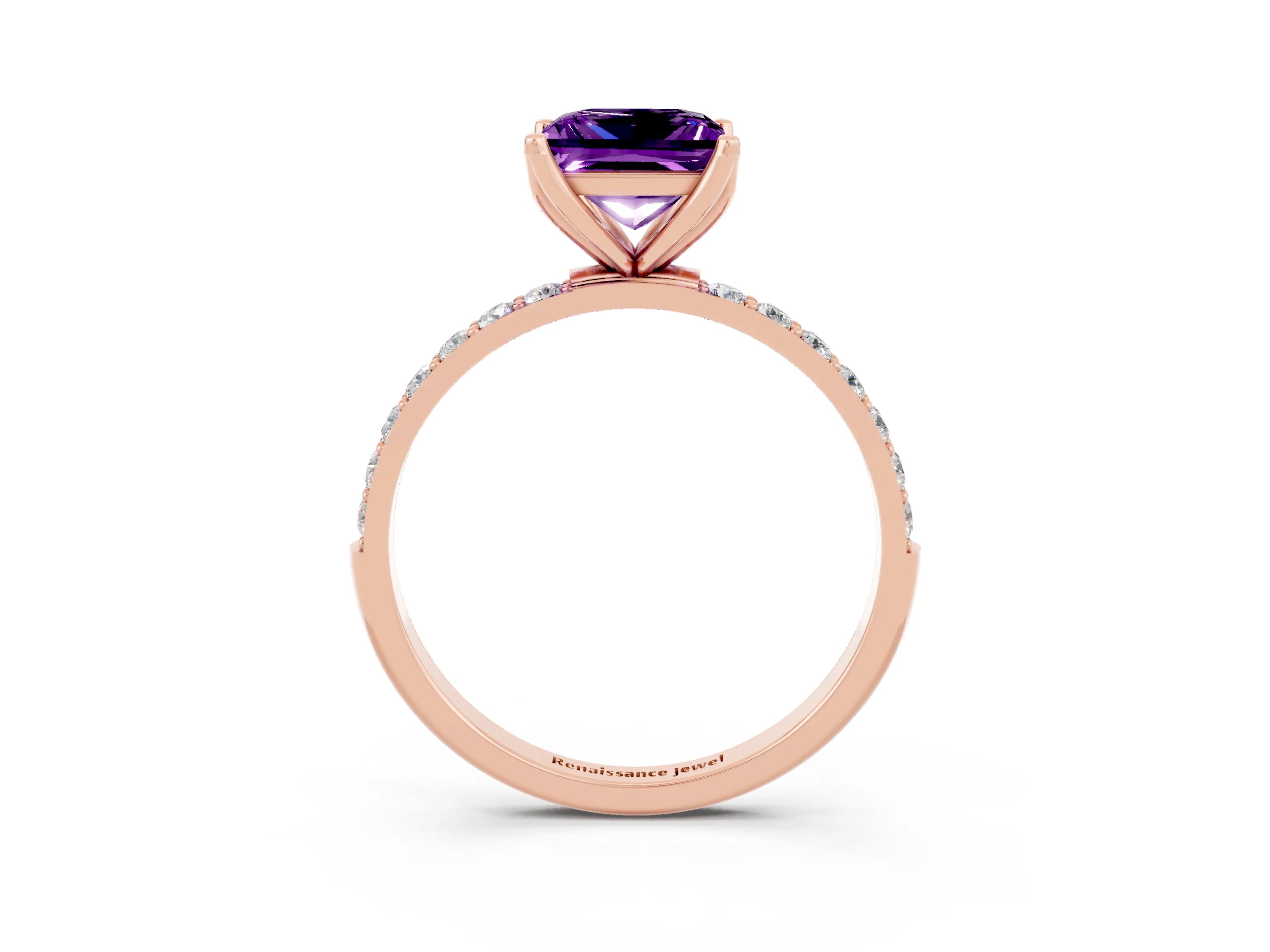 Rose gold Princess Cut Amethyst Solitaire Engagement Ring with Pavé Band and Prong Setting_3