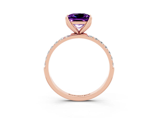 Rose gold Princess Cut Amethyst Solitaire Engagement Ring with Round  Pavé Band and Prong Setting