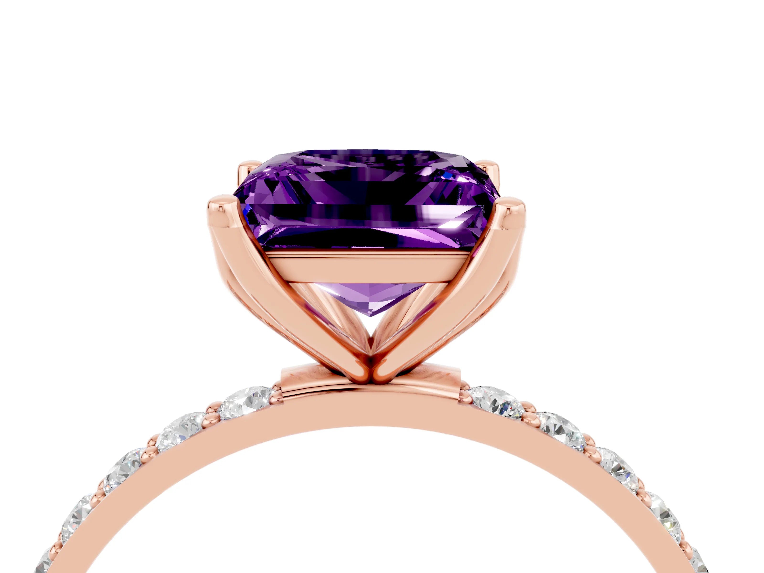 Rose gold Princess Cut Amethyst Solitaire Engagement Ring with Pavé Band and Prong Setting_4