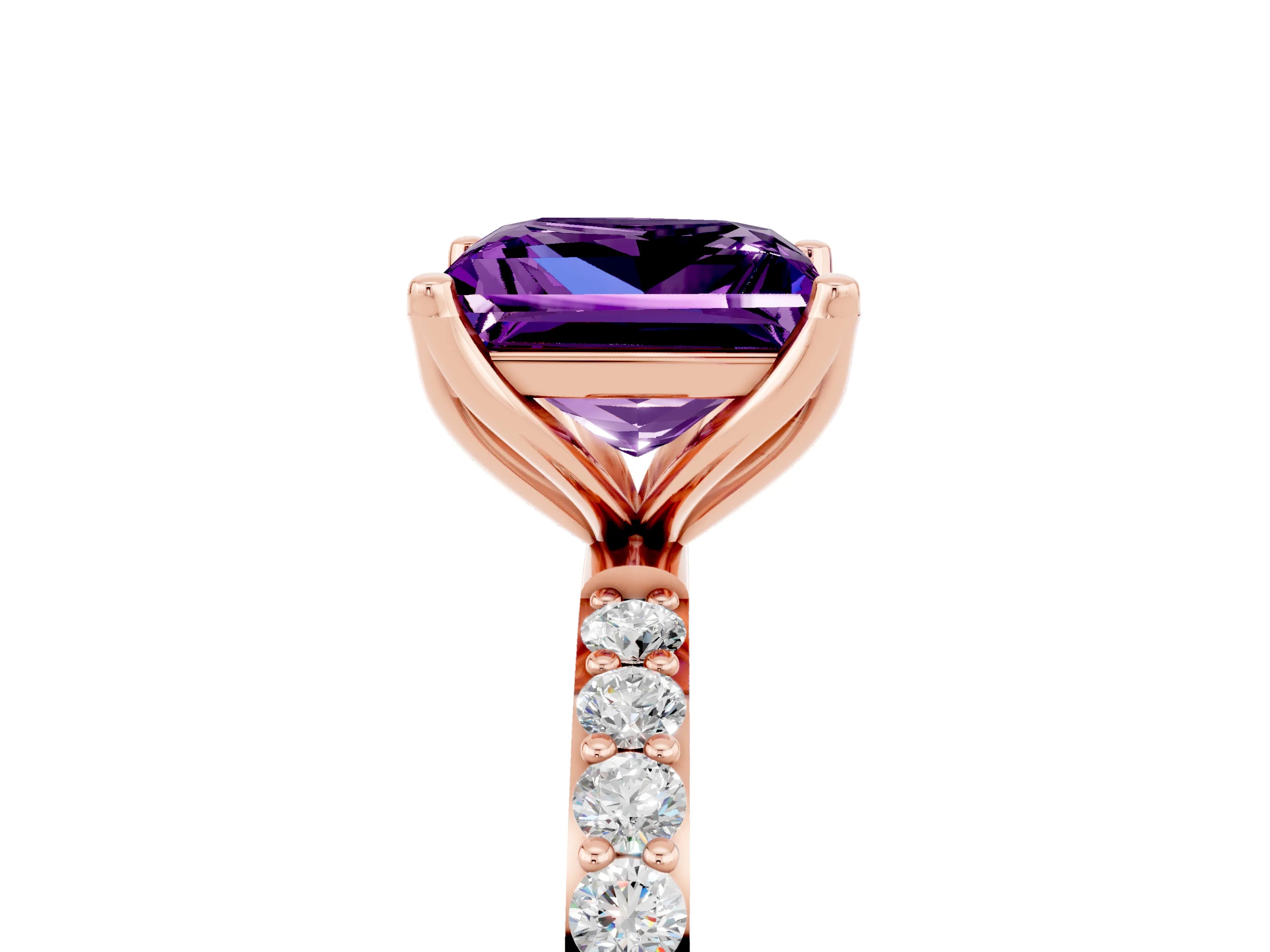 Rose gold Princess Cut Amethyst Solitaire Engagement Ring with Pavé Band and Prong Setting_5