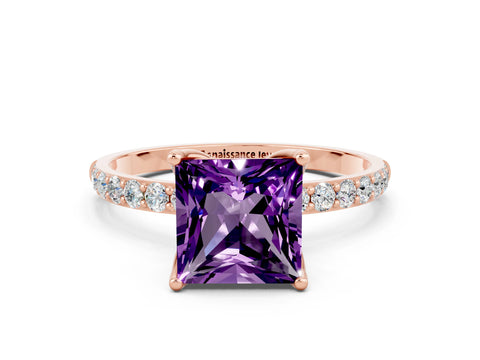 Rose gold Princess Cut Amethyst Solitaire Engagement Ring with Pavé Band and Prong Setting