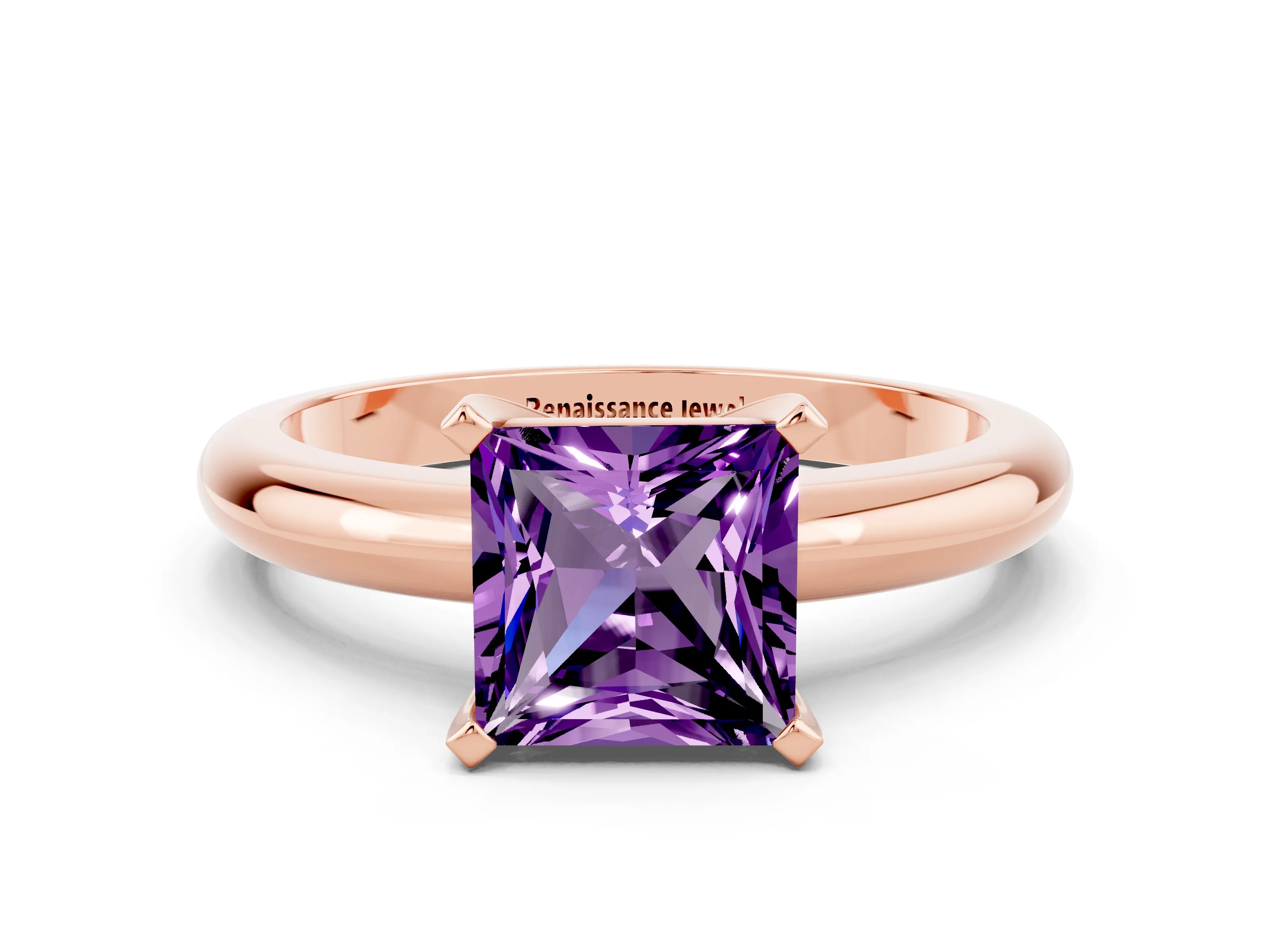 Rose gold Princess Cut Amethyst Solitaire Engagement Ring with Round Band and Four-Prong Setting