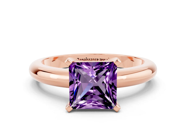 Rose gold Princess Cut Amethyst Solitaire Engagement Ring with Round Band and Four-Prong Setting
