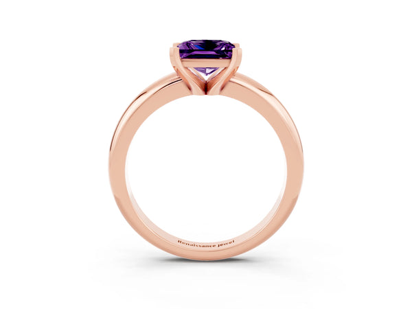 Rose gold Princess Cut Amethyst Solitaire Engagement Ring with Round Band and Four-Prong Setting