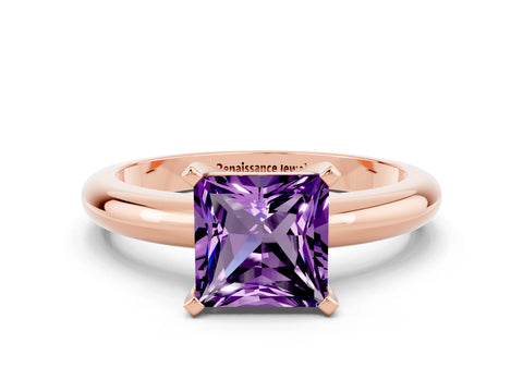 Rose gold Princess Cut Amethyst Solitaire Engagement Ring with Round Band and Four-Prong Setting