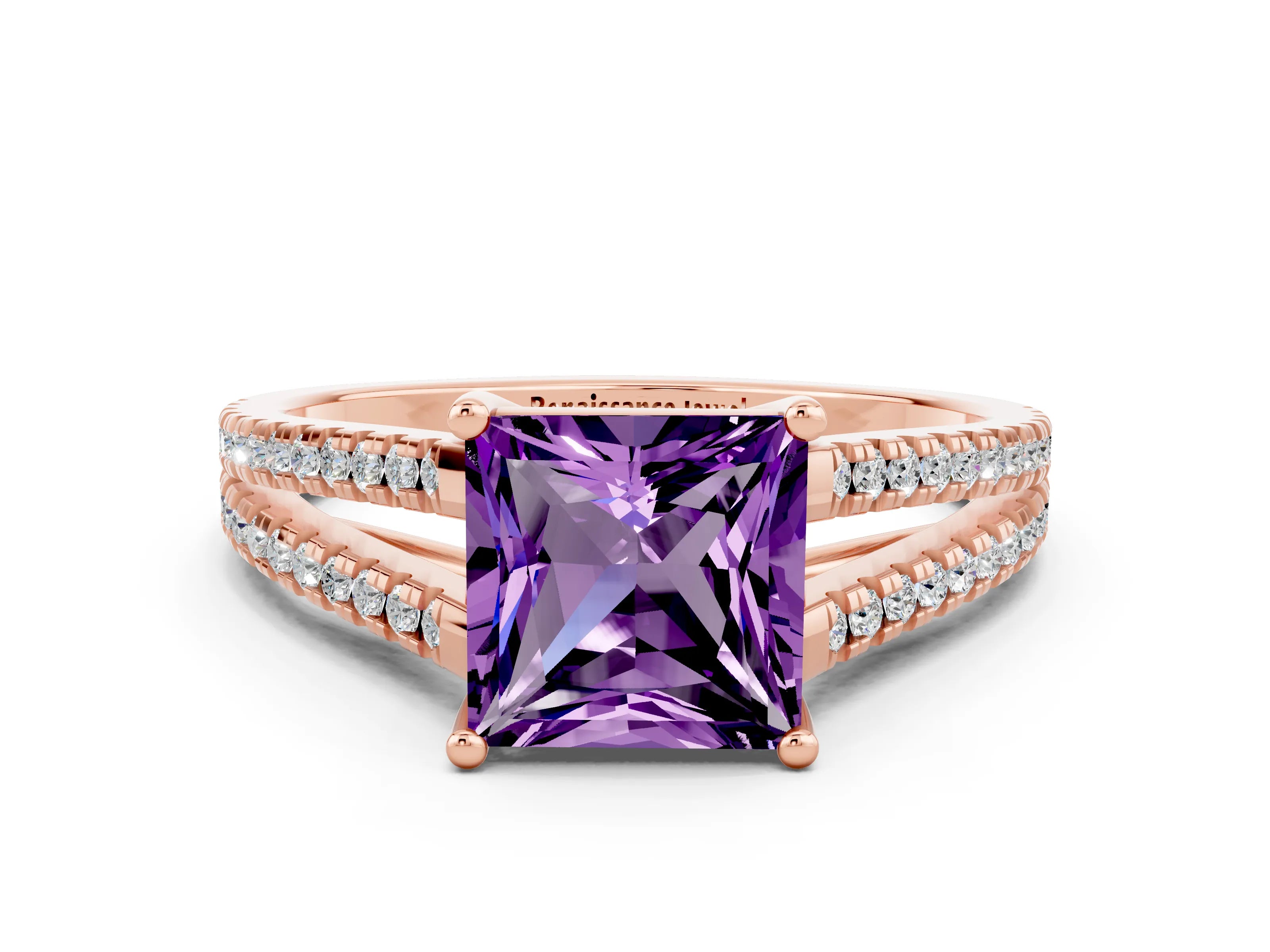 Rose gold Princess Cut Amethyst Solitaire Engagement Ring with Split Shank Pavé Band