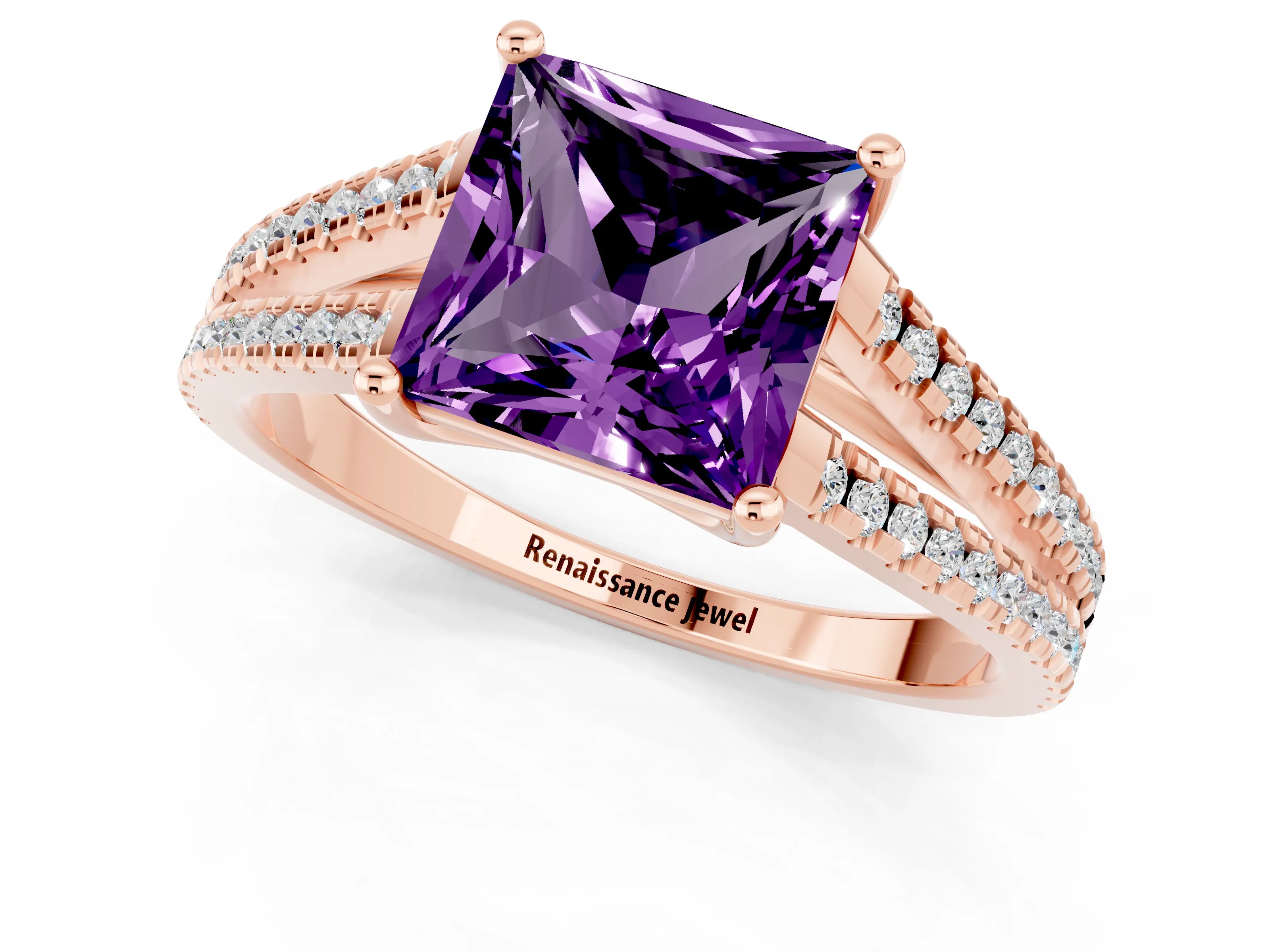 Rose gold Princess Cut Amethyst Solitaire Engagement Ring with Split Shank Pavé Band_1