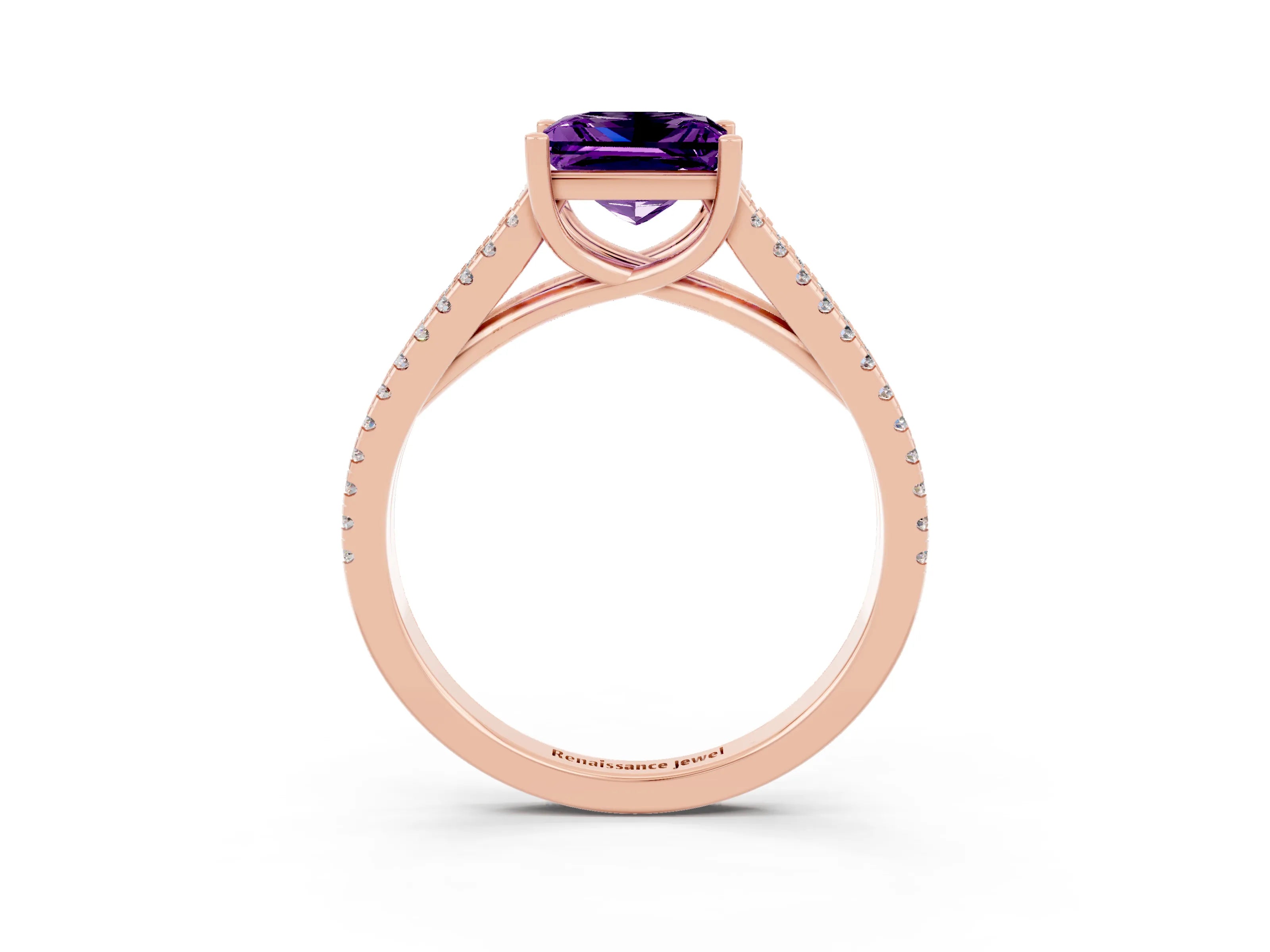 Rose gold Princess Cut Amethyst Solitaire Engagement Ring with Split Shank Pavé Band_3