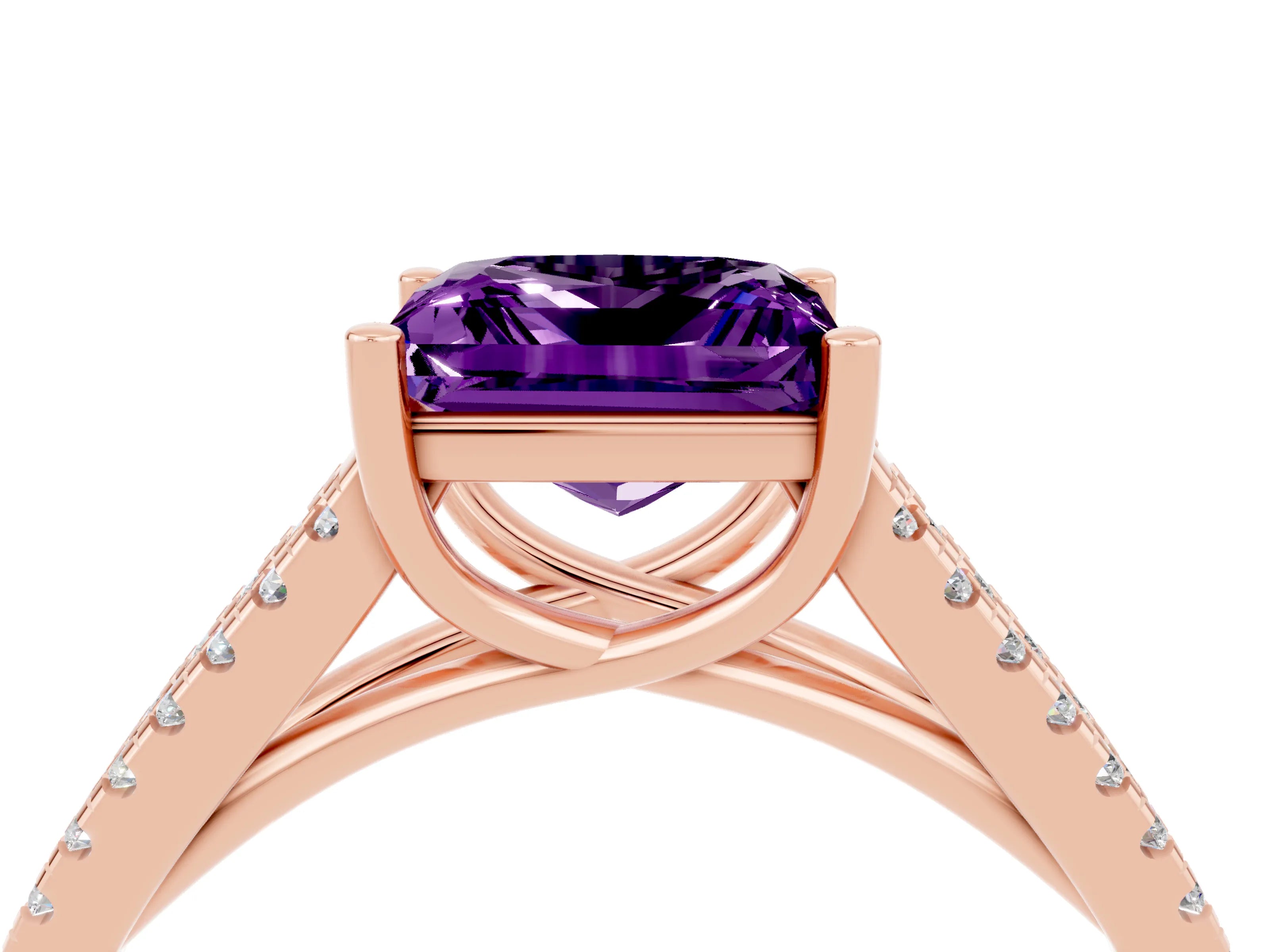 Rose gold Princess Cut Amethyst Solitaire Engagement Ring with Split Shank Pavé Band_4