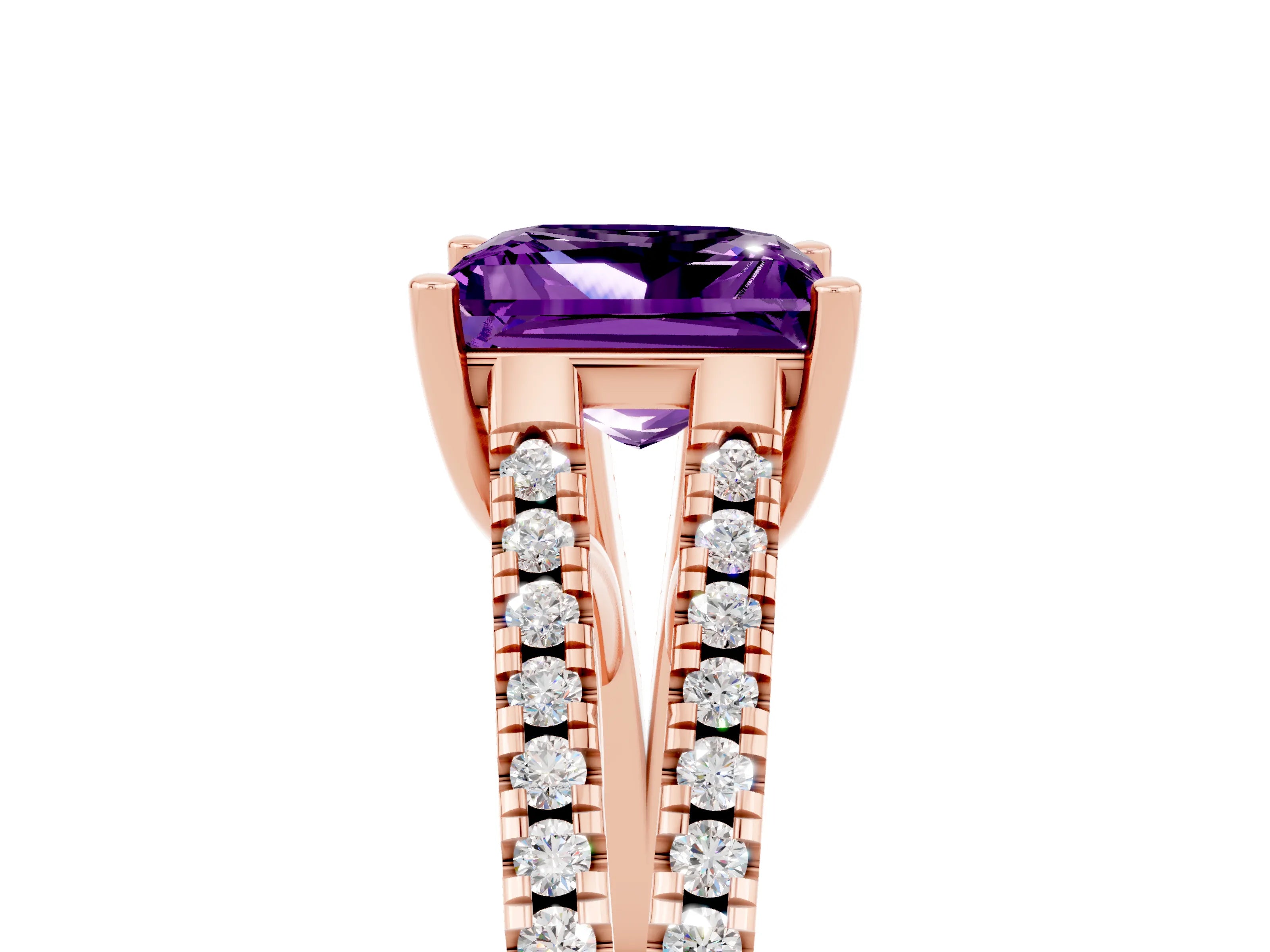 Rose gold Princess Cut Amethyst Solitaire Engagement Ring with Split Shank Pavé Band_5