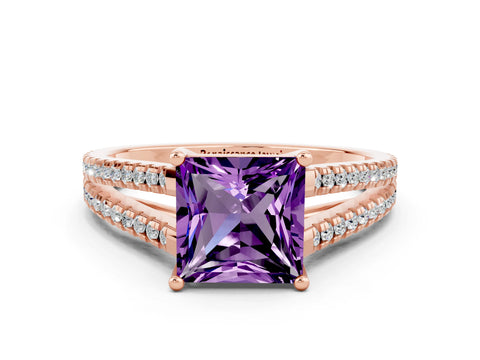 Rose gold Princess Cut Amethyst Solitaire Engagement Ring with Split Shank Pavé Band