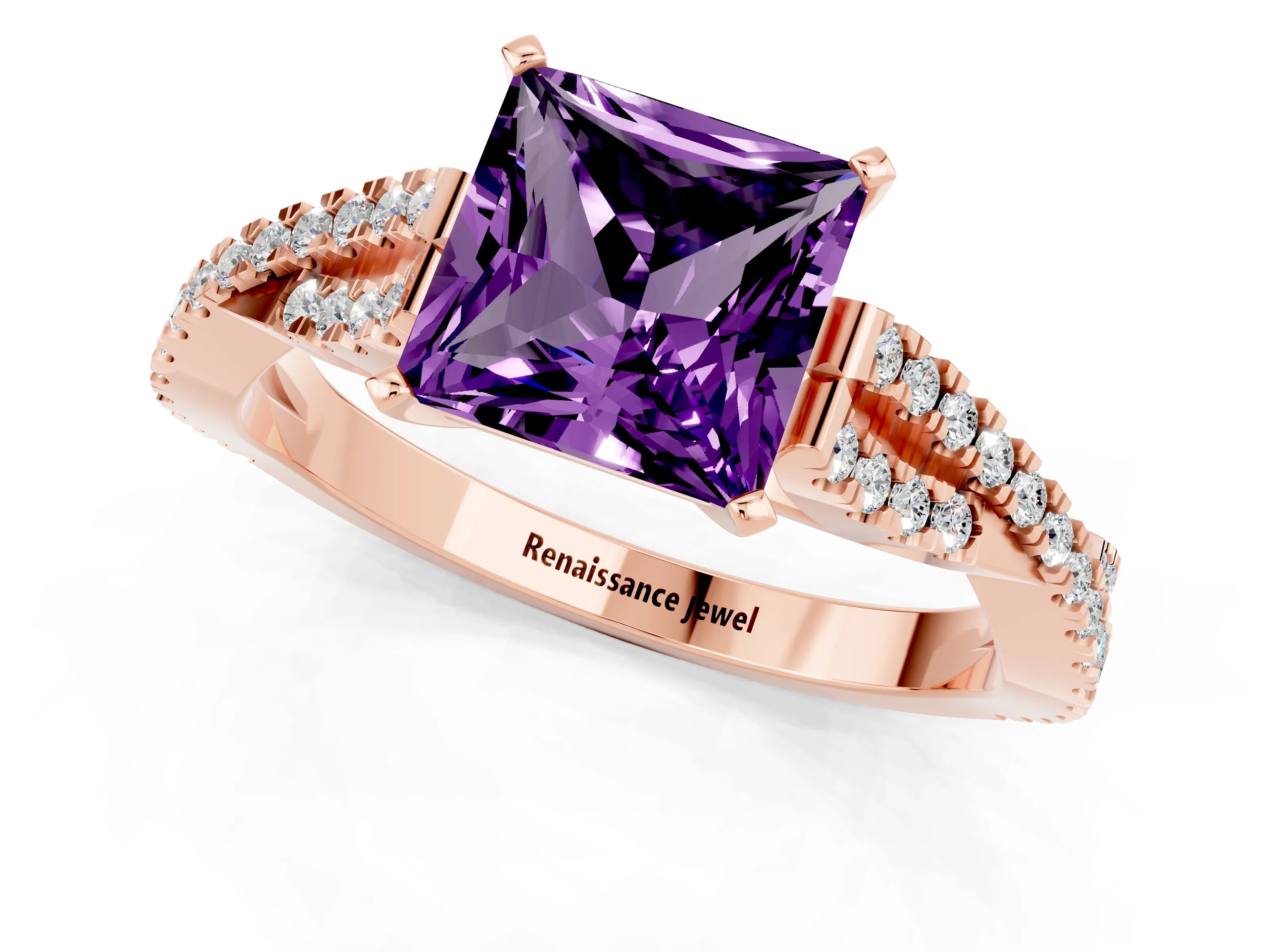 Rose gold Princess Cut Amethyst Solitaire Engagement Ring with Twisted Pavé Band and Four-Prong Setting_13