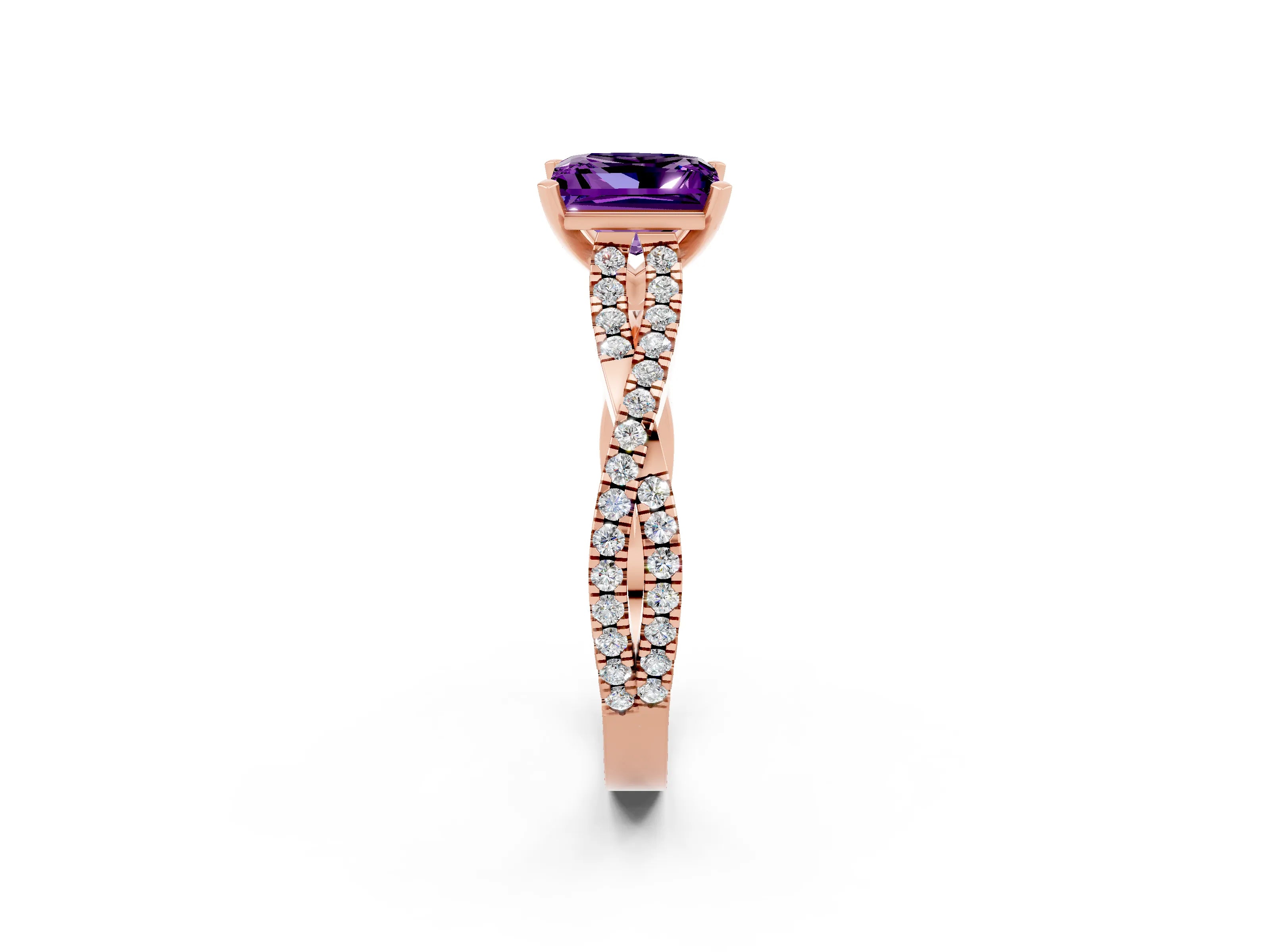 Rose gold Princess Cut Amethyst Solitaire Engagement Ring with Twisted Pavé Band and Four-Prong Setting_14