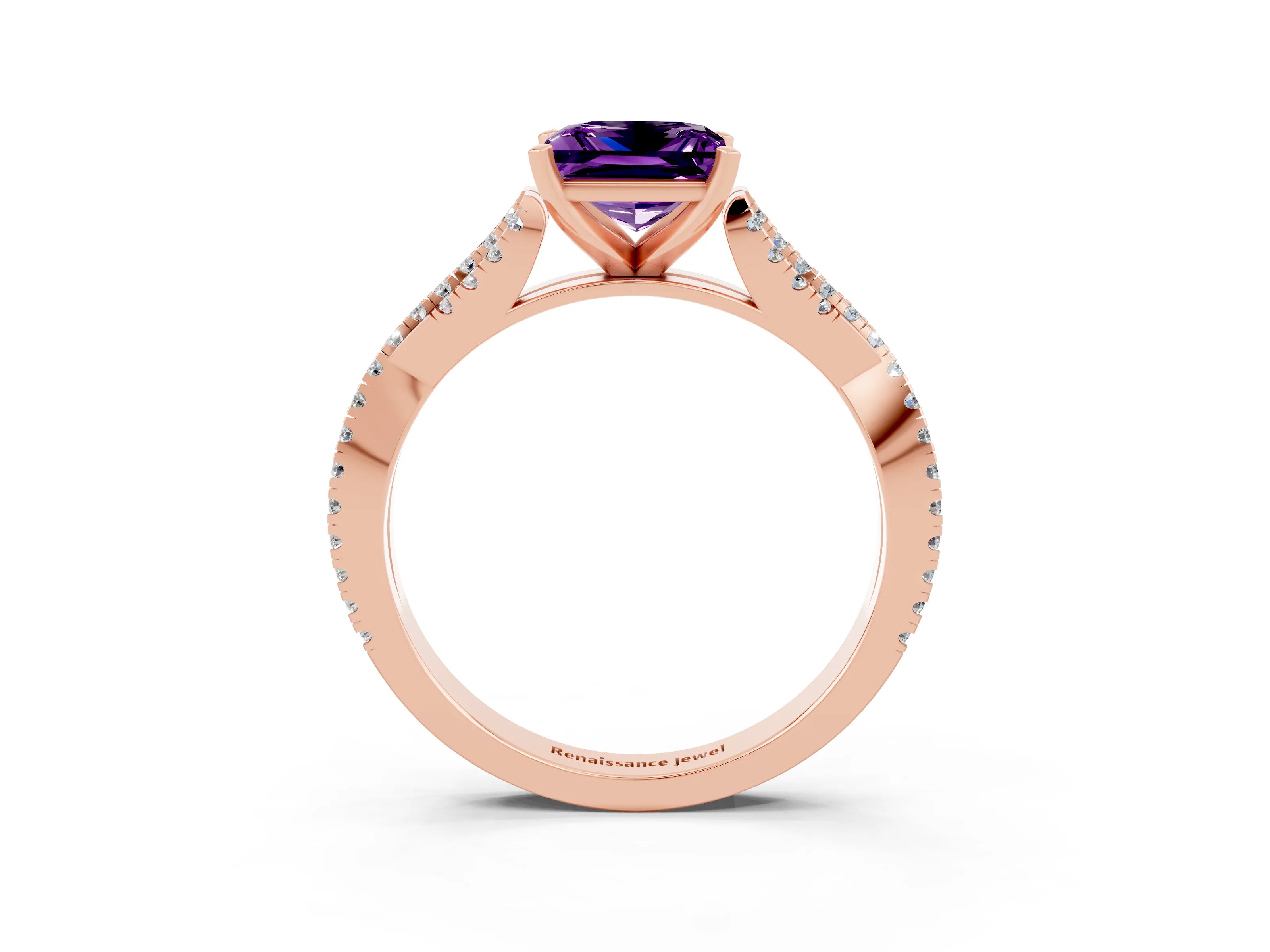 Rose gold Princess Cut Amethyst Solitaire Engagement Ring with Twisted Pavé Band and Four-Prong Setting_15