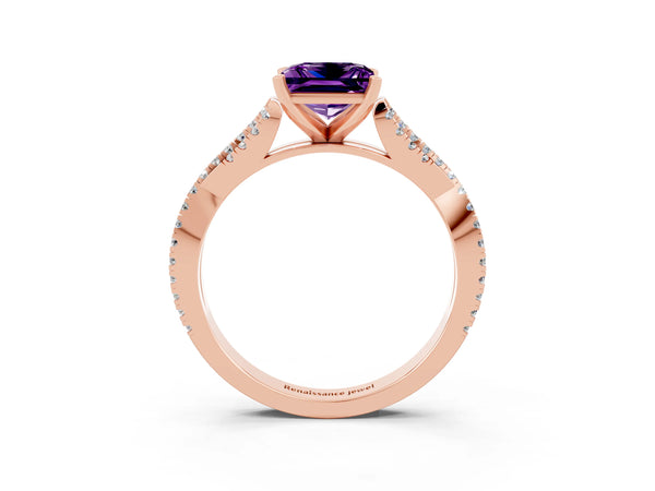 Rose gold Princess Cut Amethyst Solitaire Engagement Ring with Twisted Pavé Band and Four-Prong Setting