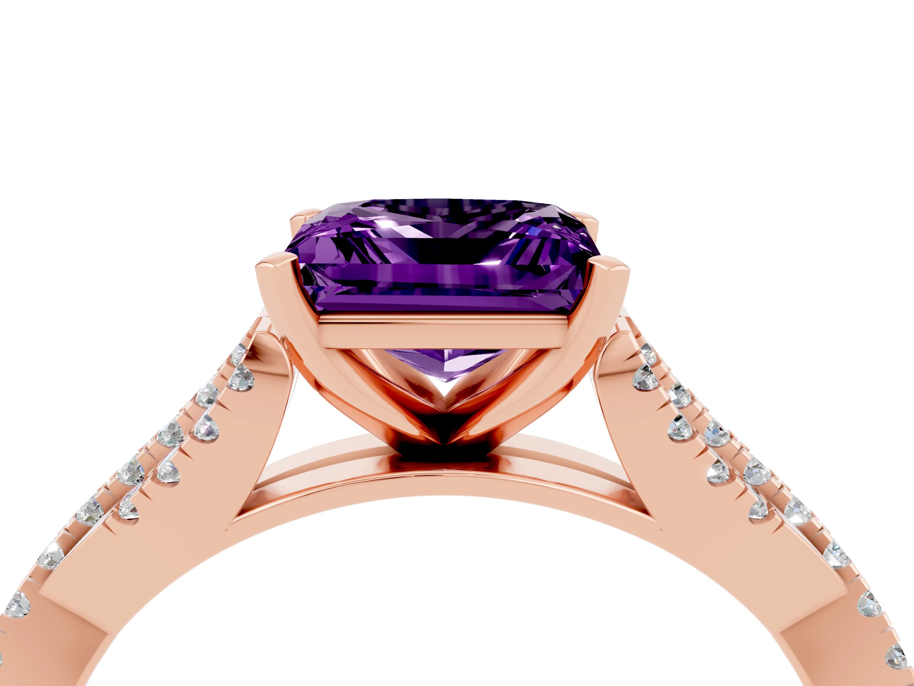 Rose gold Princess Cut Amethyst Solitaire Engagement Ring with Twisted Pavé Band and Four-Prong Setting_16