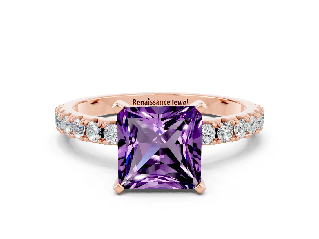 Rose gold Princess Cut Amethyst Solitaire Pavé Band with Four-Prong Setting