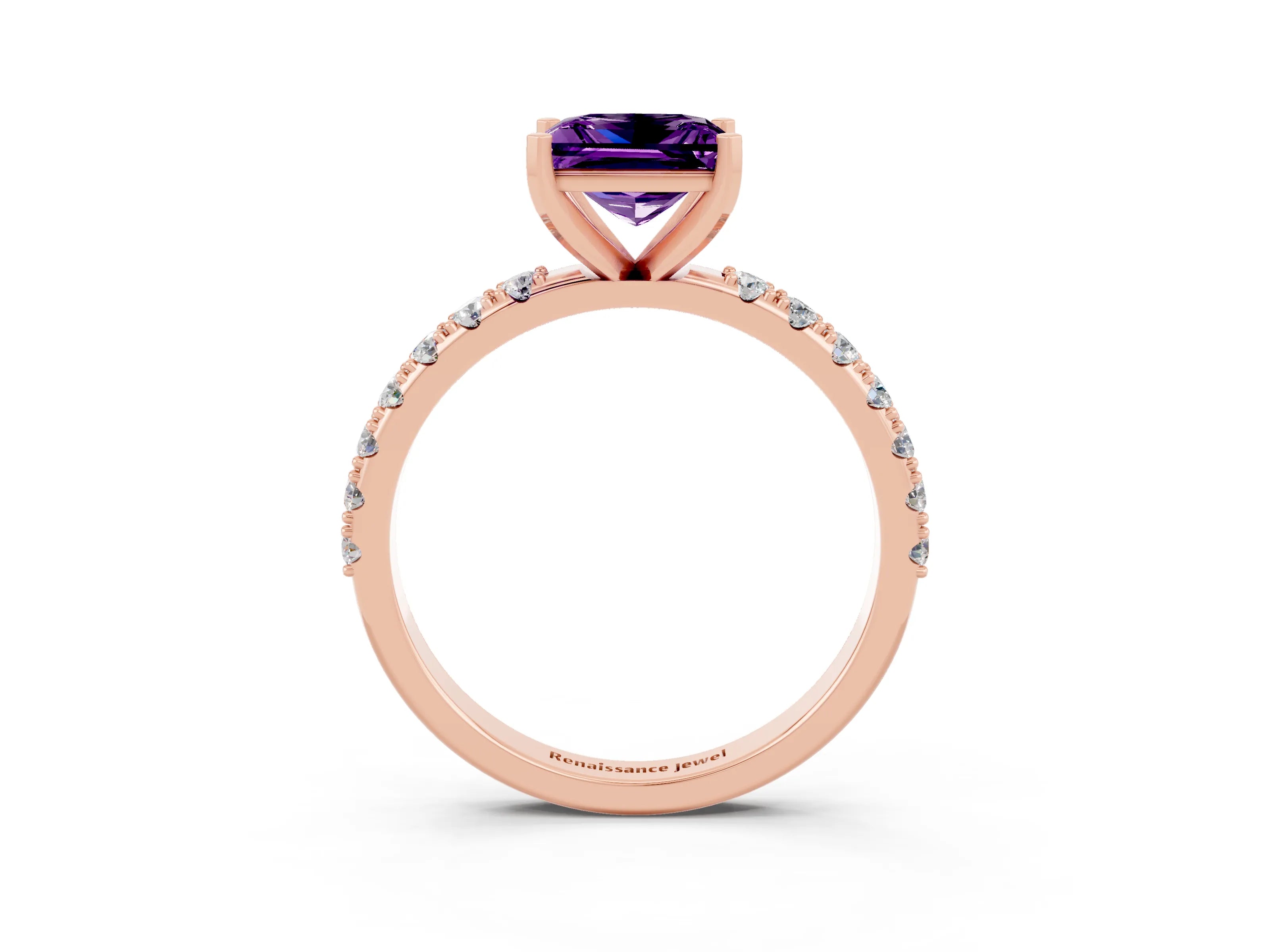 Rose gold Princess Cut Amethyst Solitaire Pavé Band with Four-Prong Setting_3