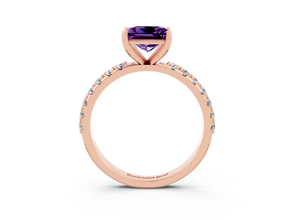 Rose gold Princess Cut Amethyst Solitaire Pavé Band with Four-Prong Setting