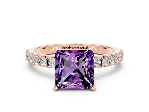Rose gold Princess Cut Amethyst Solitaire Pavé Band with Four-Prong Setting